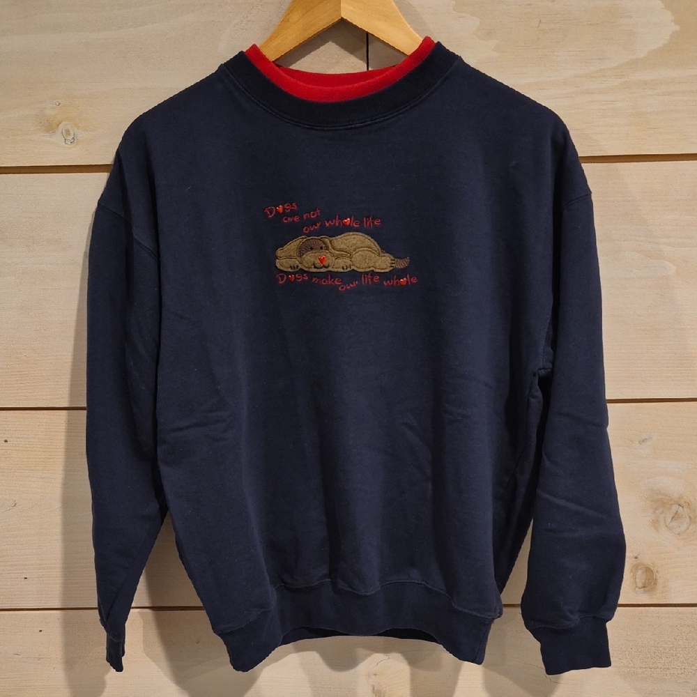 Womens Size M, Navy Crewneck Sweatshirt with Red Trim and Embroidered Dog,